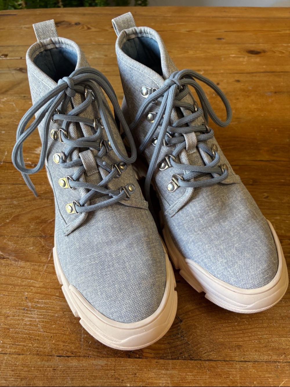 JustFab Light Denim Blue Canvas Lace-Up Ankle Boots with Cream Sole